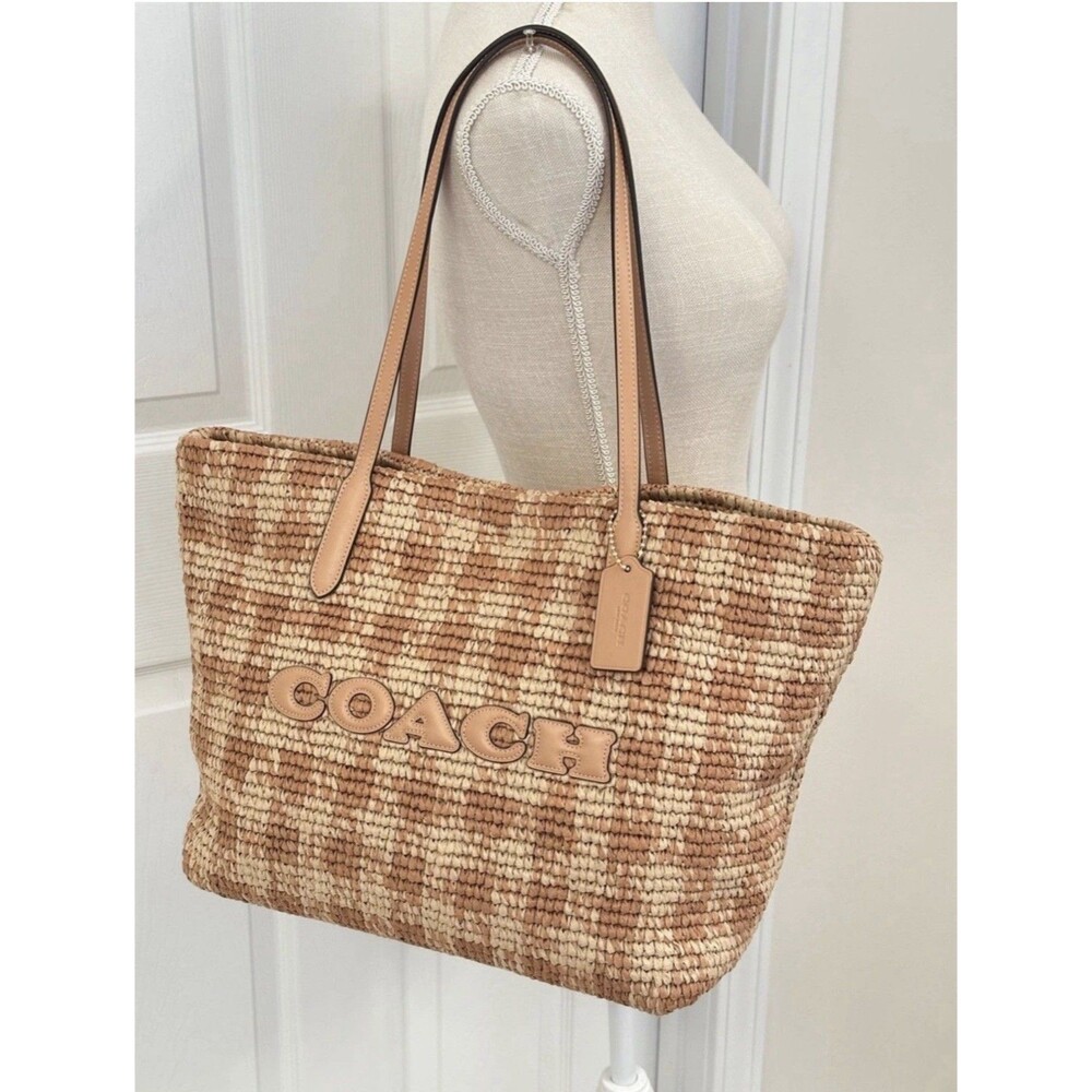Coach City Tote Gingham Print Woven Straw and Smooth Tan Leather Trim CES22 NWT